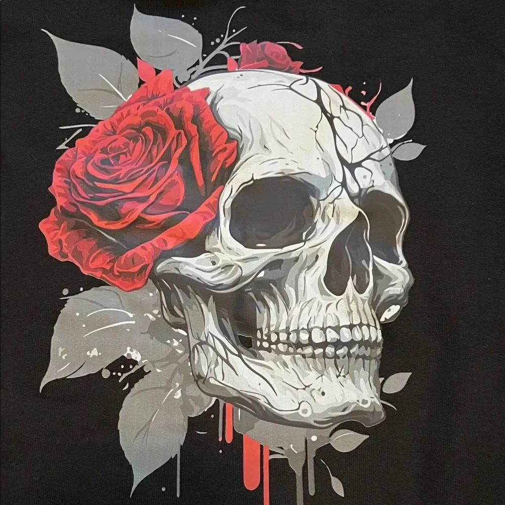 Skull and Rose Design Black Hoodie (Men’s M)